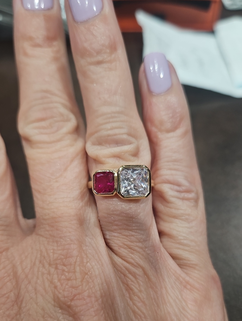 Gold Ring with Ruby Red and Clear Square Stones
